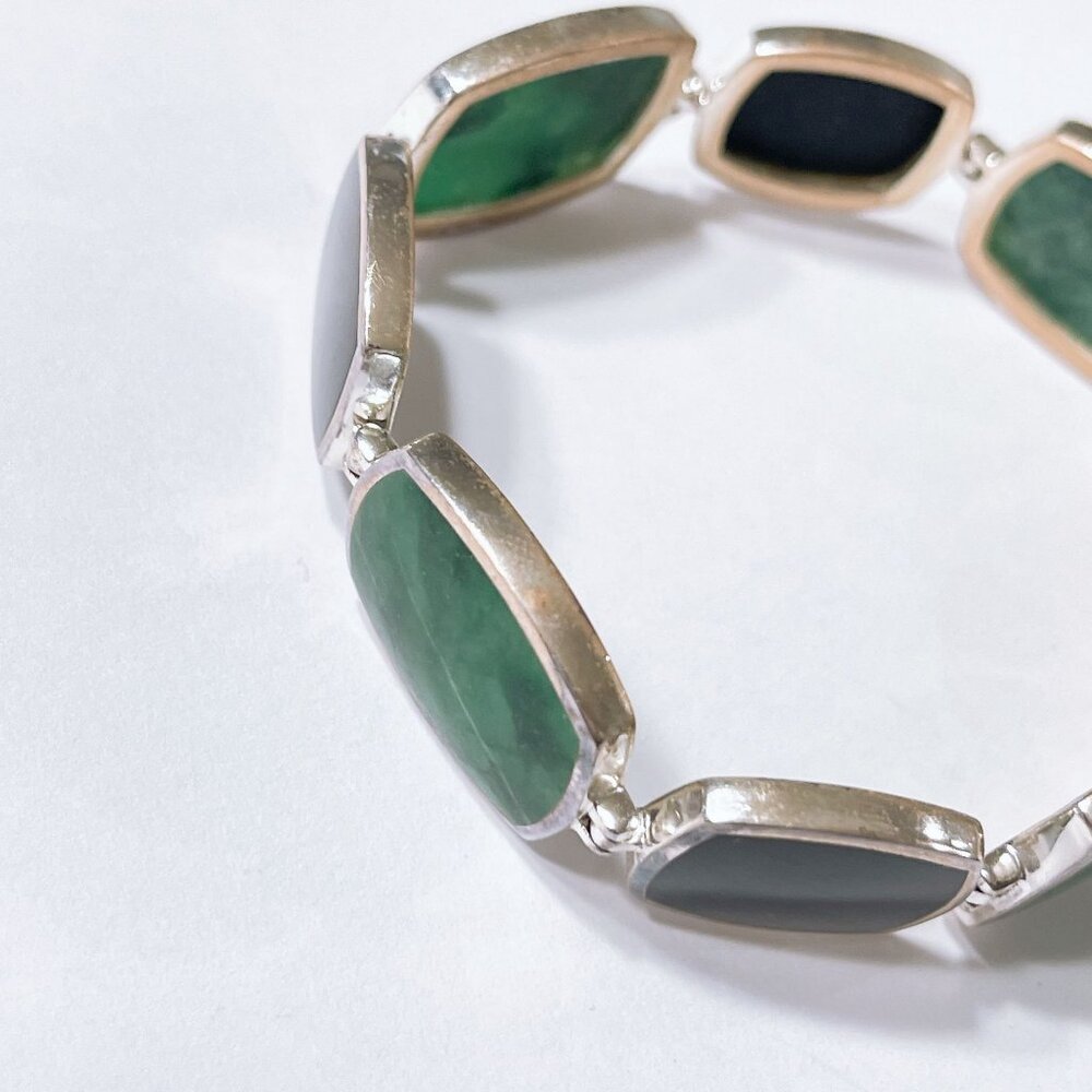 Sterling Silver Green & Black Stone Link Bracelet - Picture 2 of 9